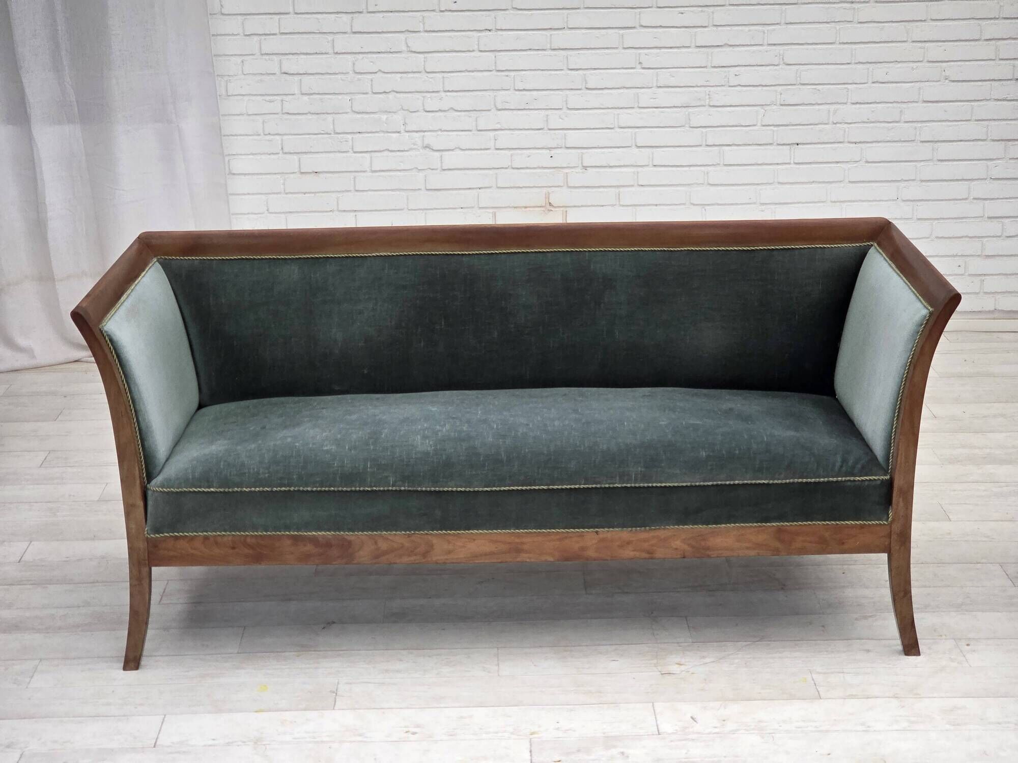 1950s, Danish 3-seater sofa, green/blue furniture velour, ash wood.