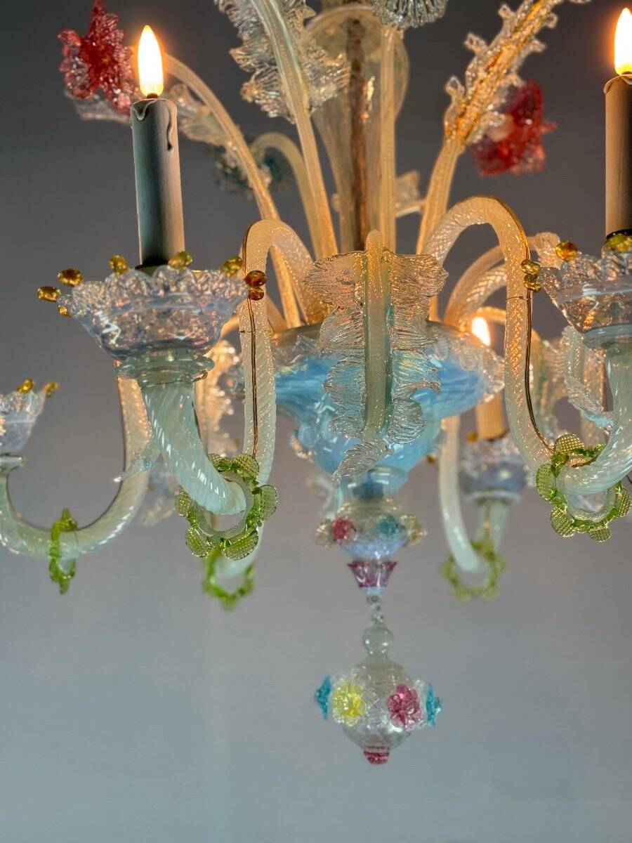 Multi-Colored Murano Glass Venetian Chandelier, Six Light Arms, Circa 1900
