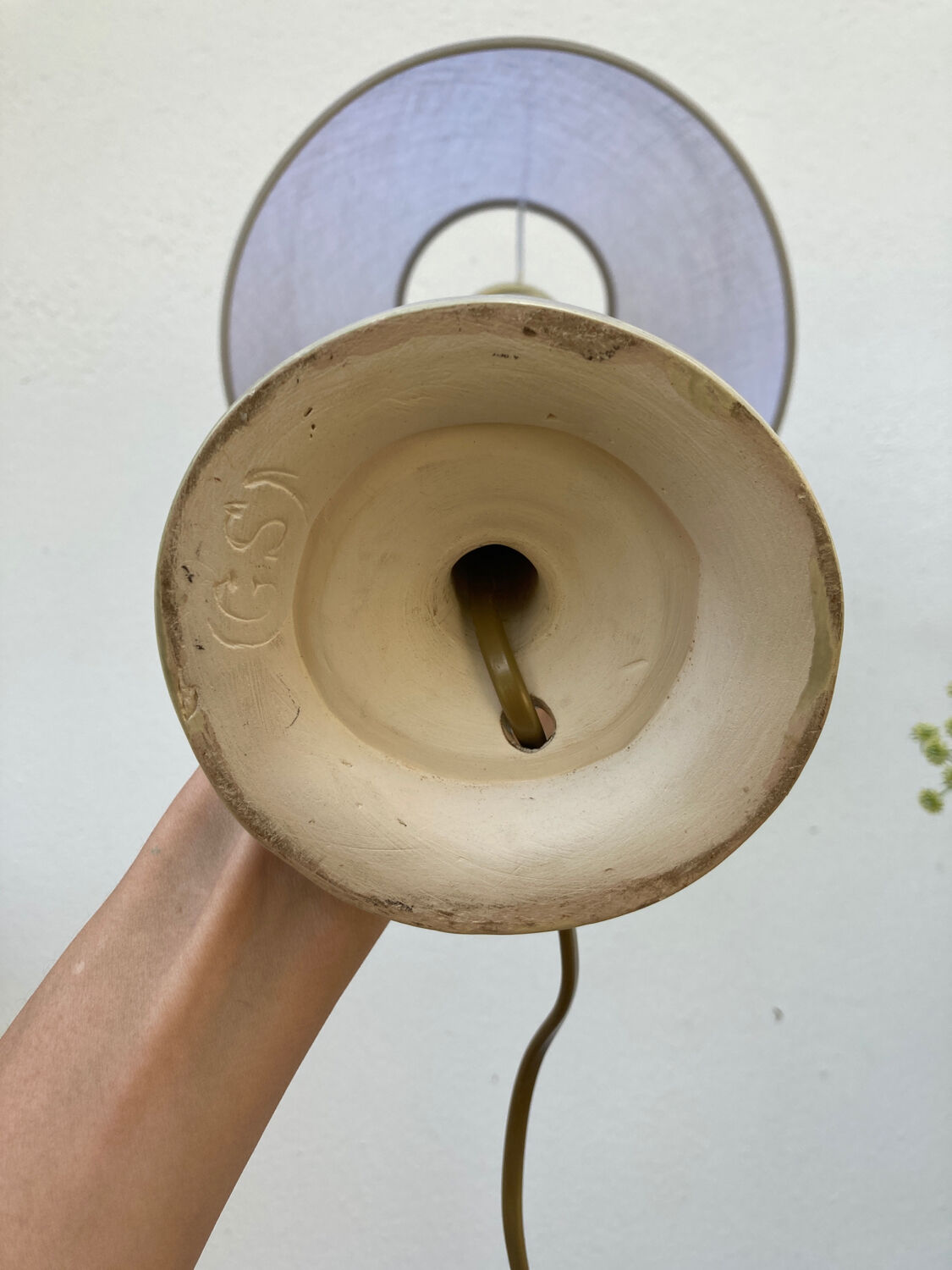Beige ceramic lamp and iridescent white lampshade