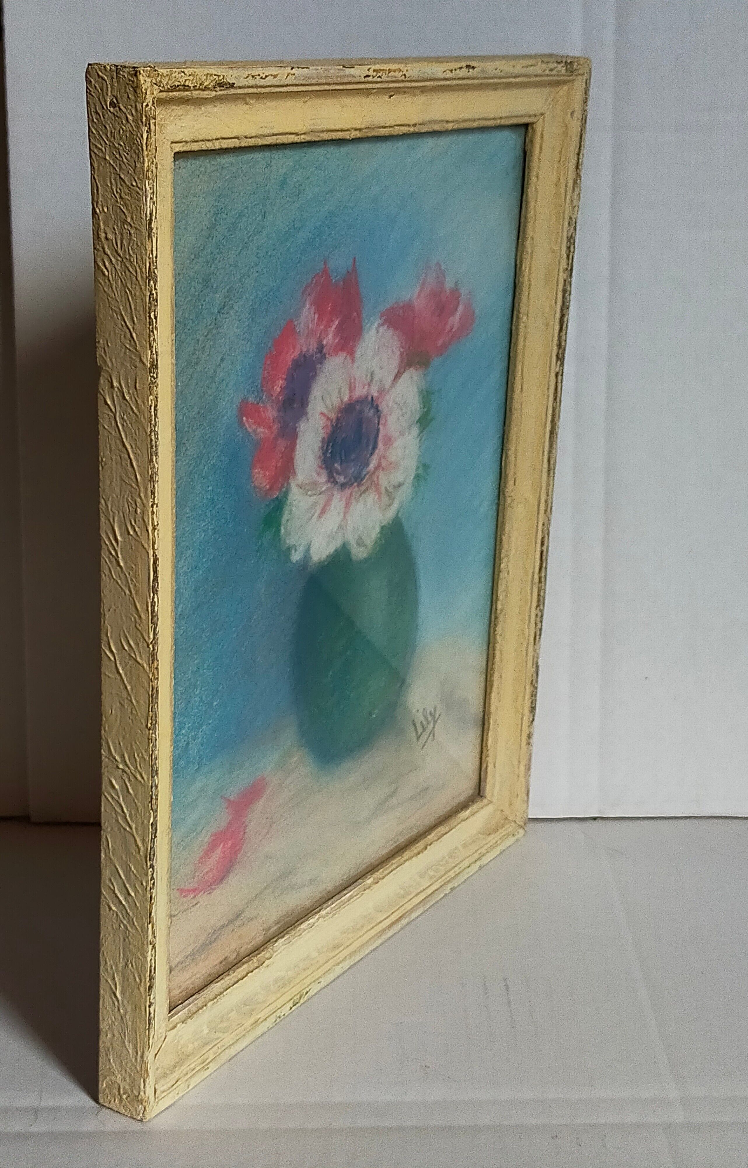Pastel encadré "Les anémones" vintage