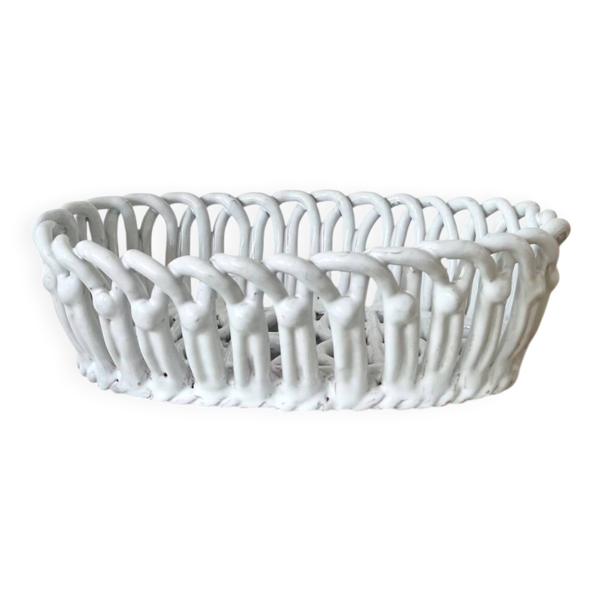 Woven white ceramic fruit bowl
