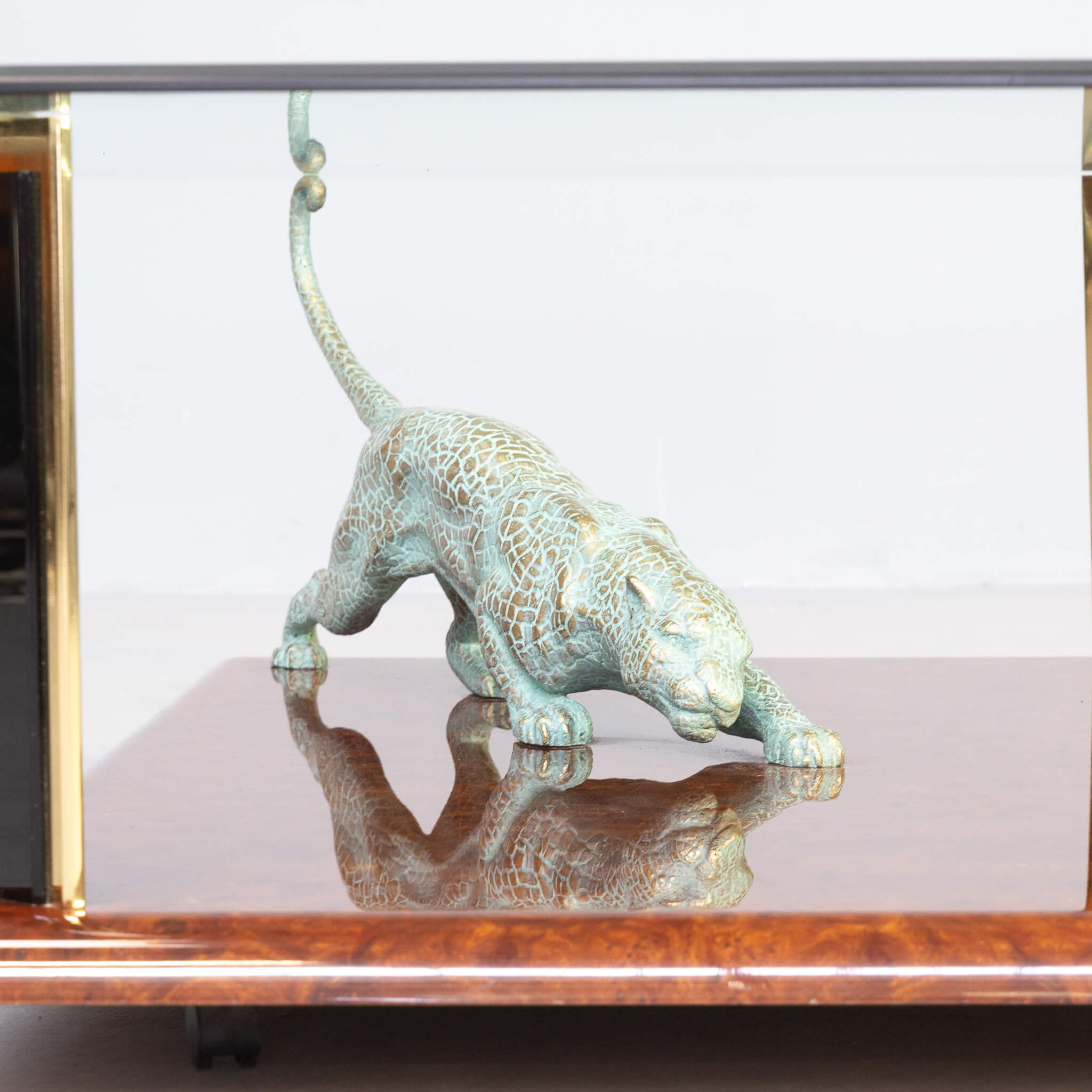 70s Nicola Voci brass sculptural glass panther coffee table