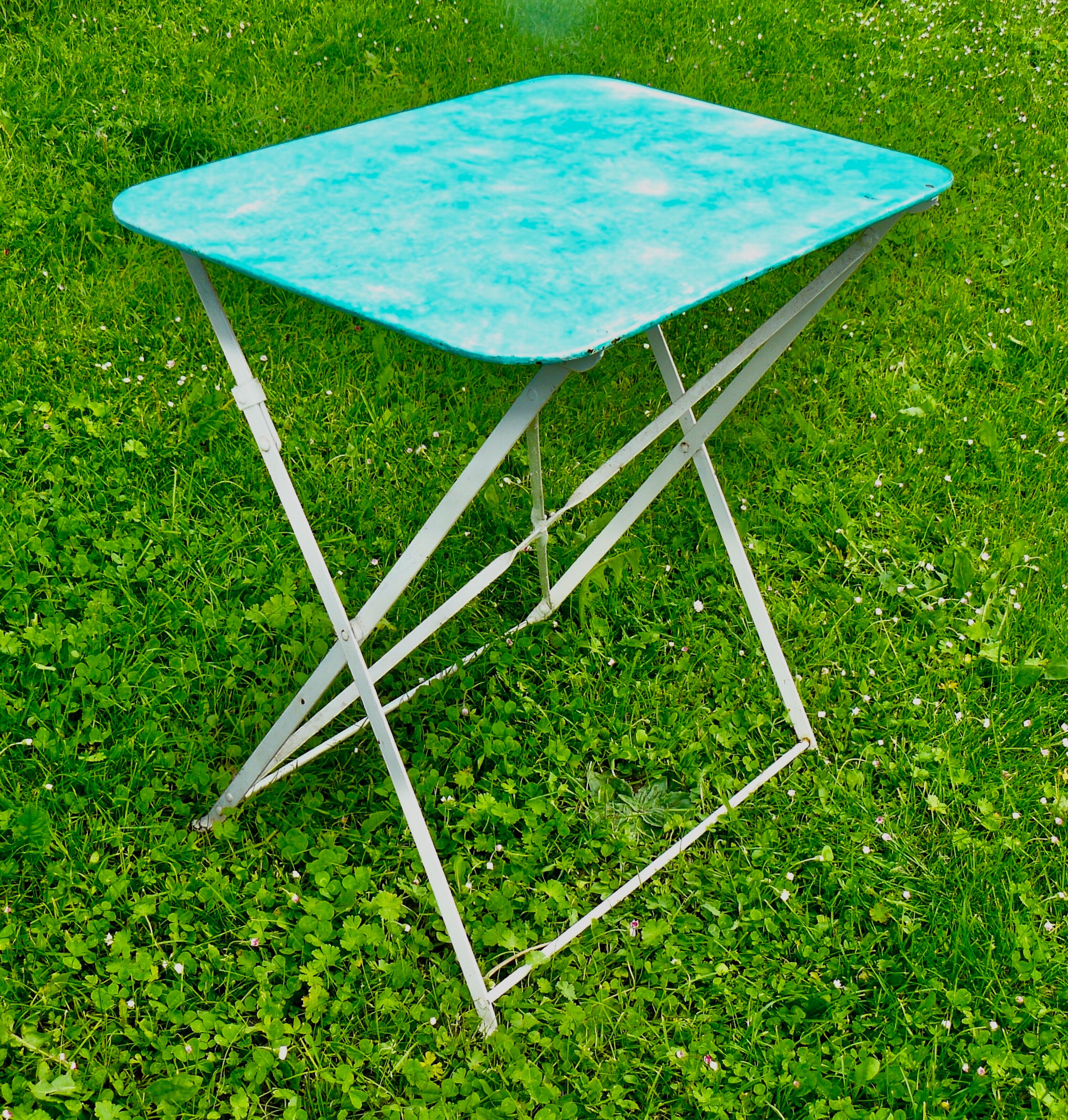 Vintage green and white painted metal folding garden table 1950