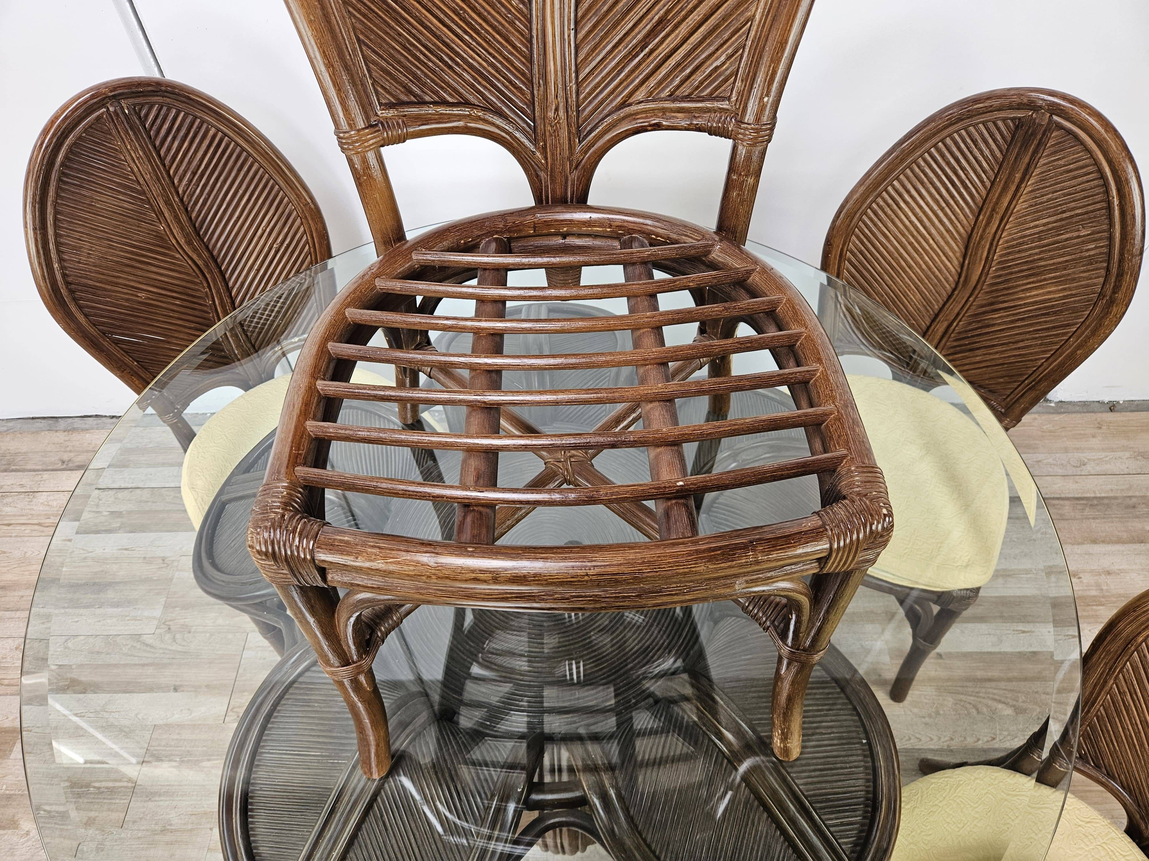 Ensemble table et quatre chaises en osier et bambou par Vivai Del Sud, 1970