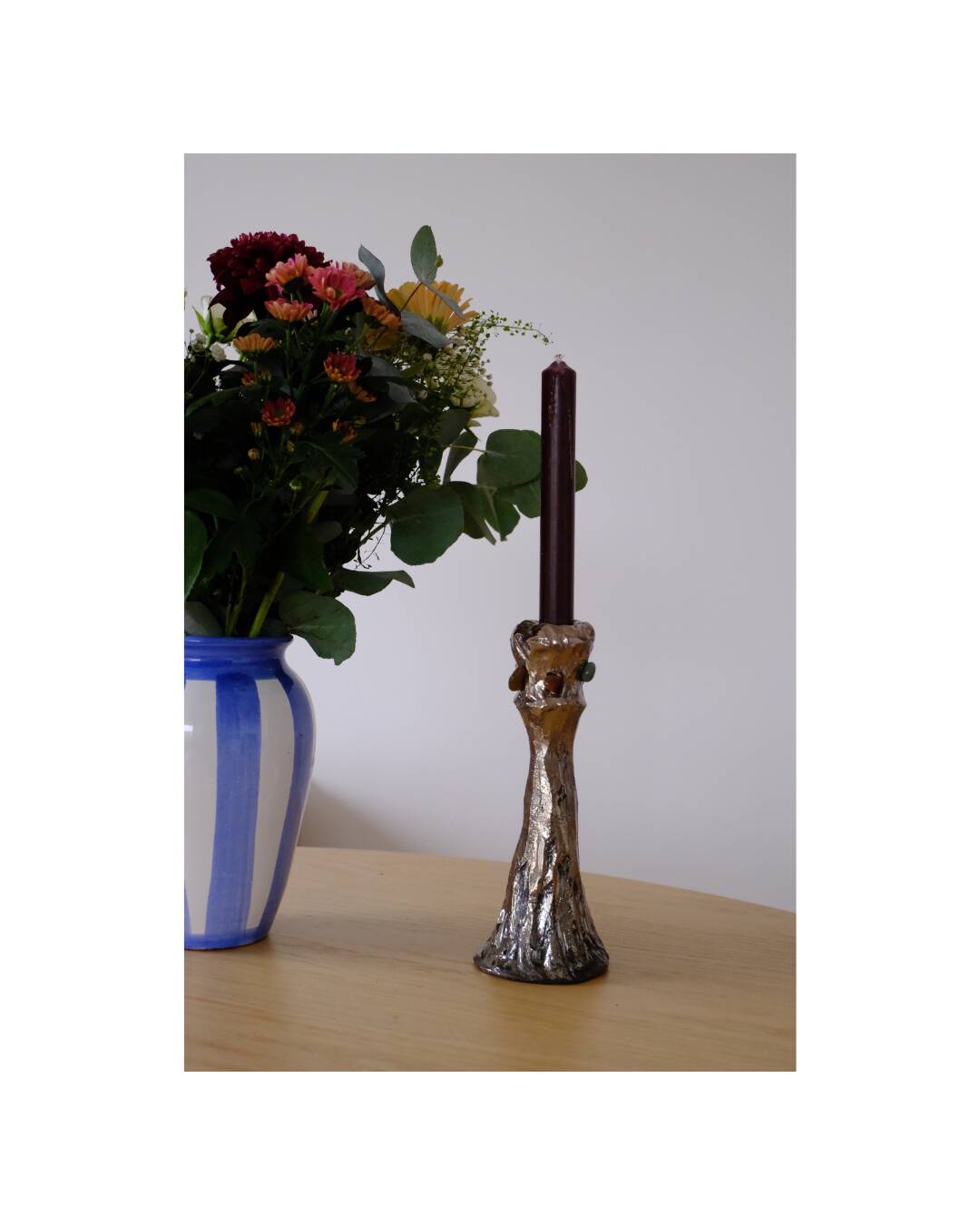 Handmade chrome candlestick with inlaid stones