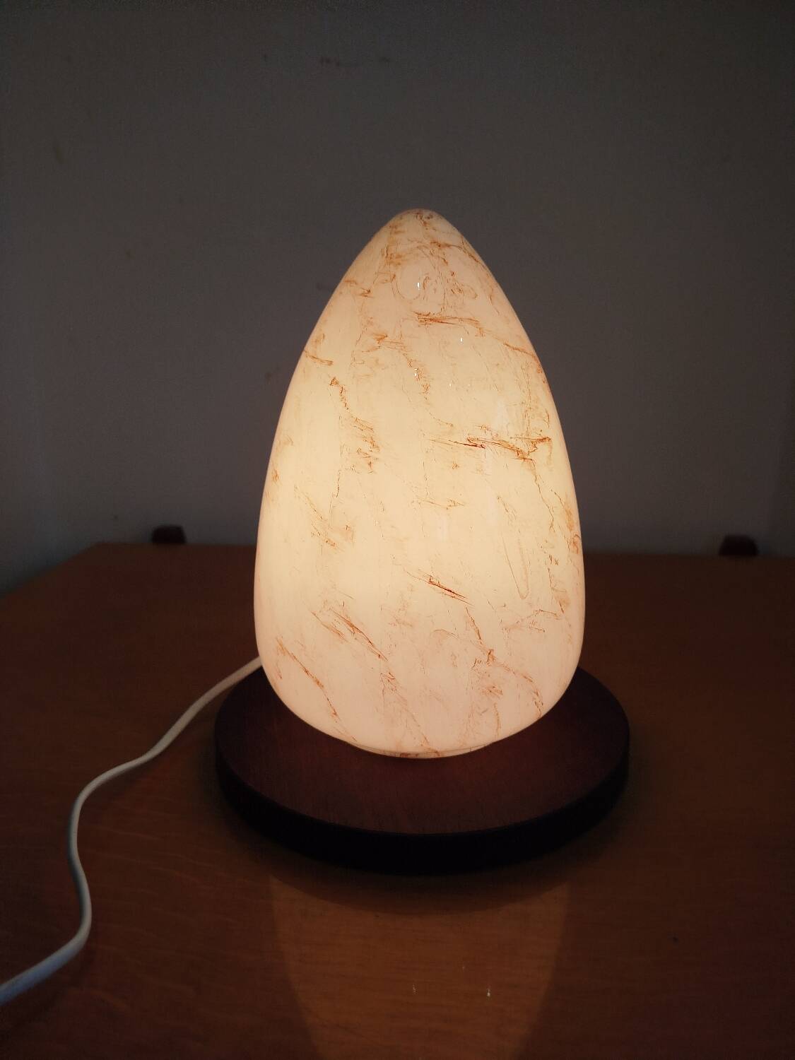 Vintage marbled glass egg lamp – wooden base – 1970s