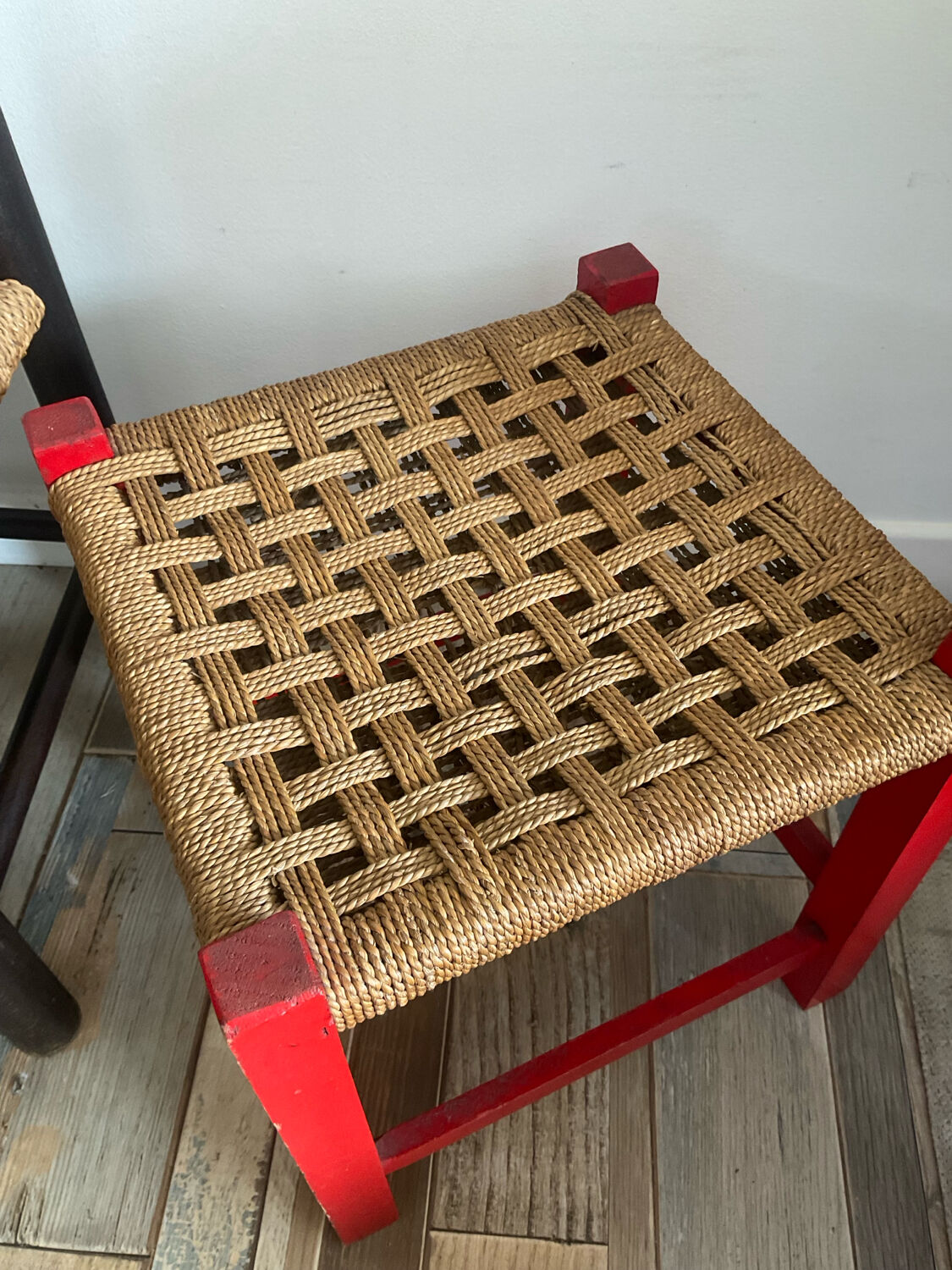 Pair of vintage children's chairs with rope and wood seats