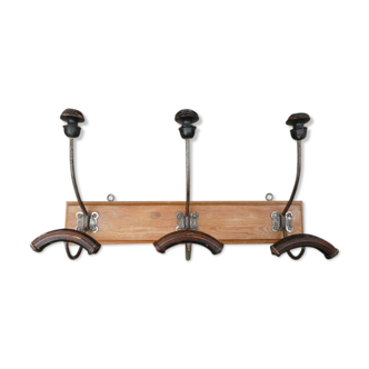 Wall coat rack wood and metal 3 double hooks