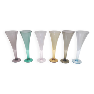 Vintage Set of Six Colored Hand Blown Murano Glass Flutes, Italy