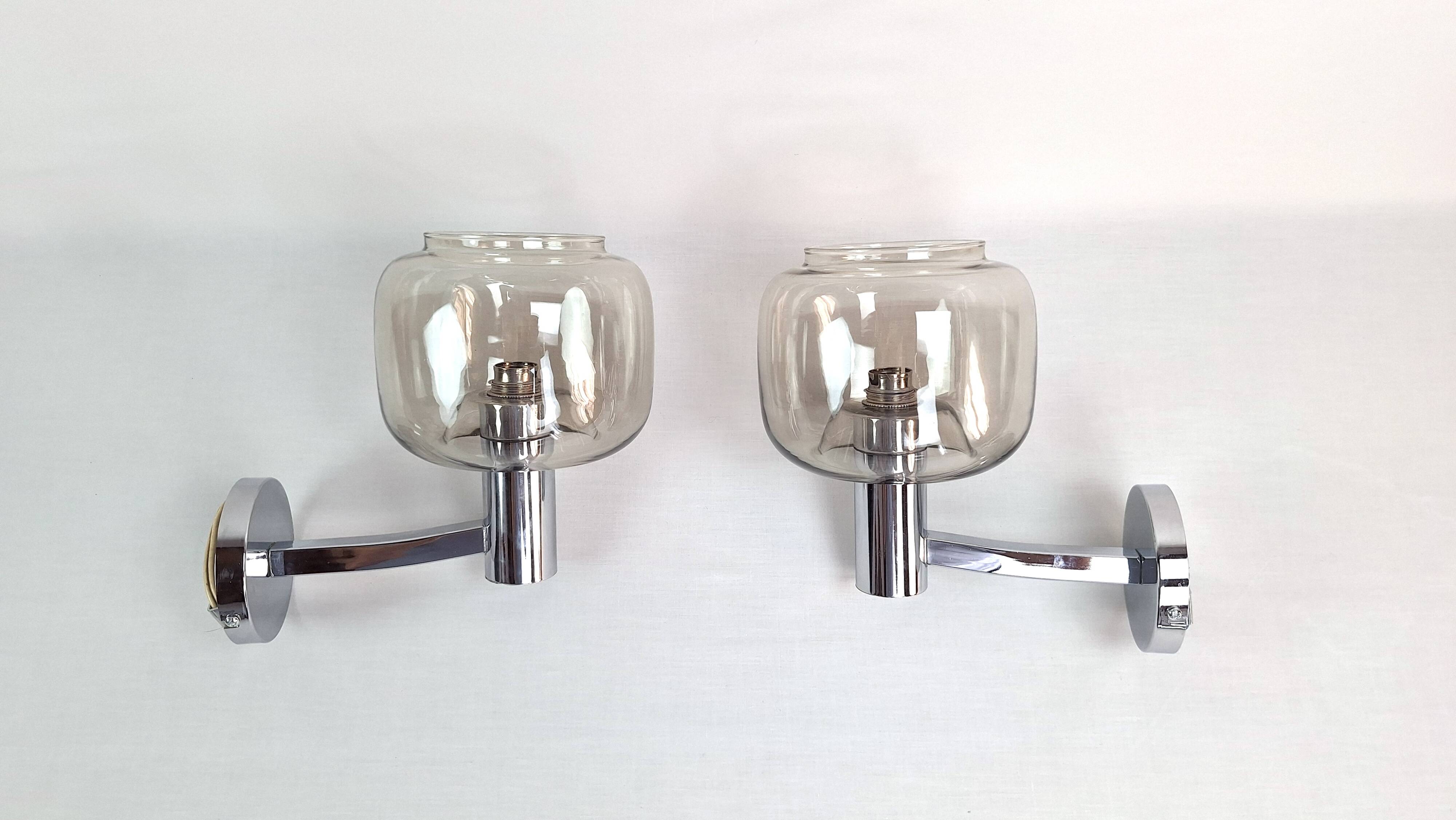 Chrome-plated metal and glass wall lights, 1970