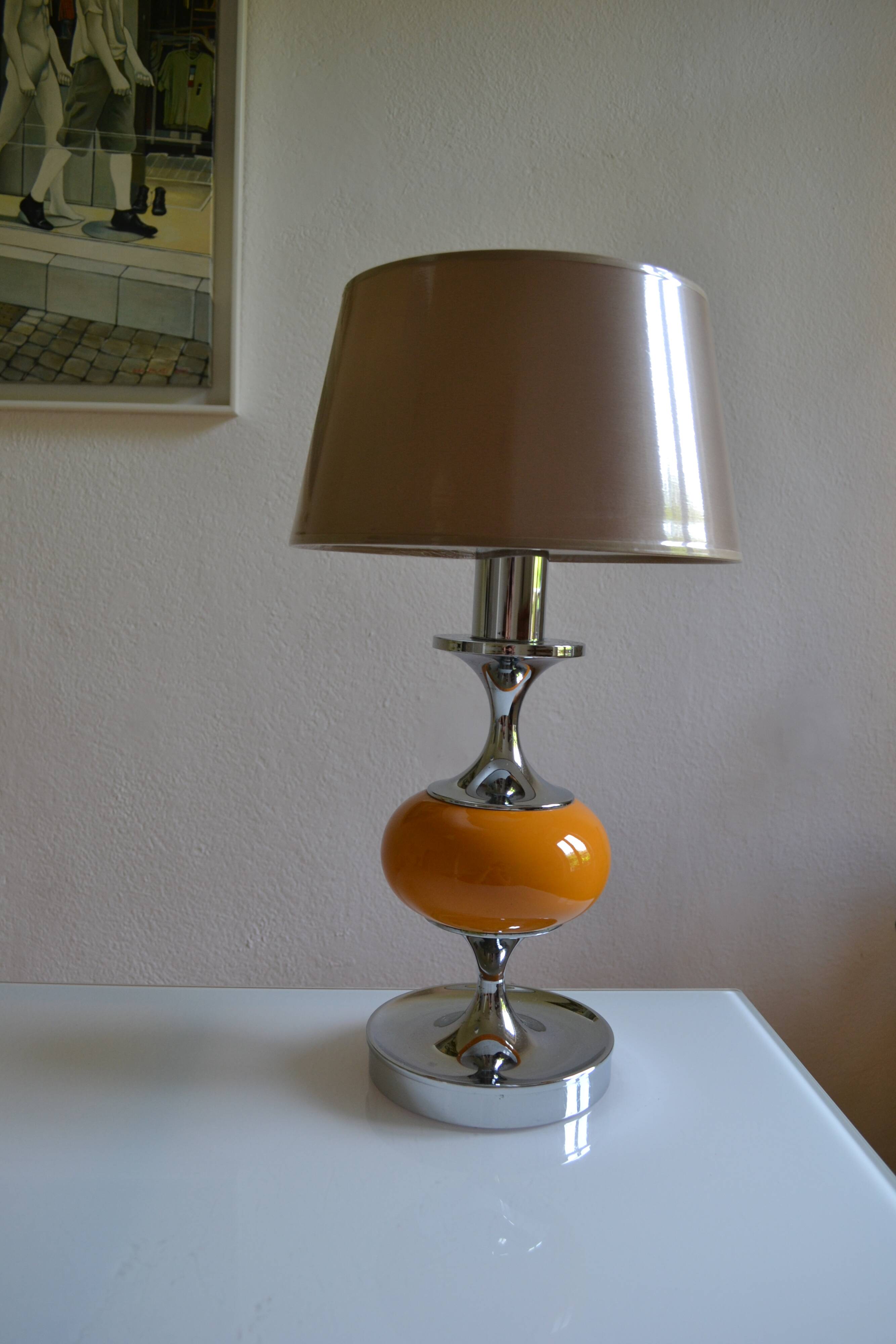 Vintage lamp base yellow and chrome metal circa 1970