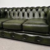 Three-seater green leather Chesterfield sofa