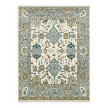 Tapis de sol en laine fait main contemporain, tapis à motif floral ivoire et bleu pour le salon.