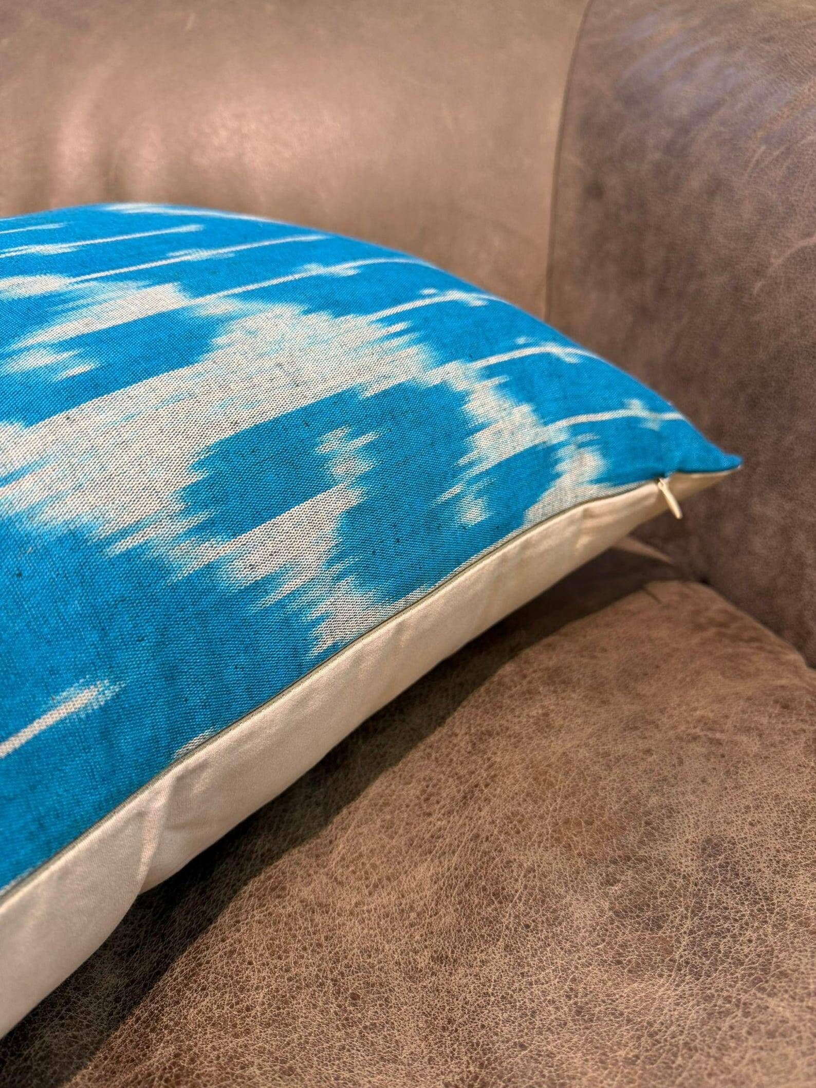 Handmade Silk Ikat Lumbar Cushion Cover, Sky Blue Oval Print Pillow Case