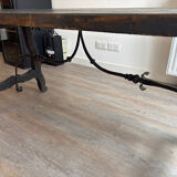 Solid wood farmhouse table with ebony finish.