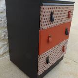 Vintage chest of drawers on wheels with three drawers in faux leather and fabric - Bouto