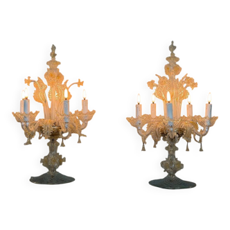Pair of Venetian girandoles in gilded Murano glass, newly electrified, circa 1950.