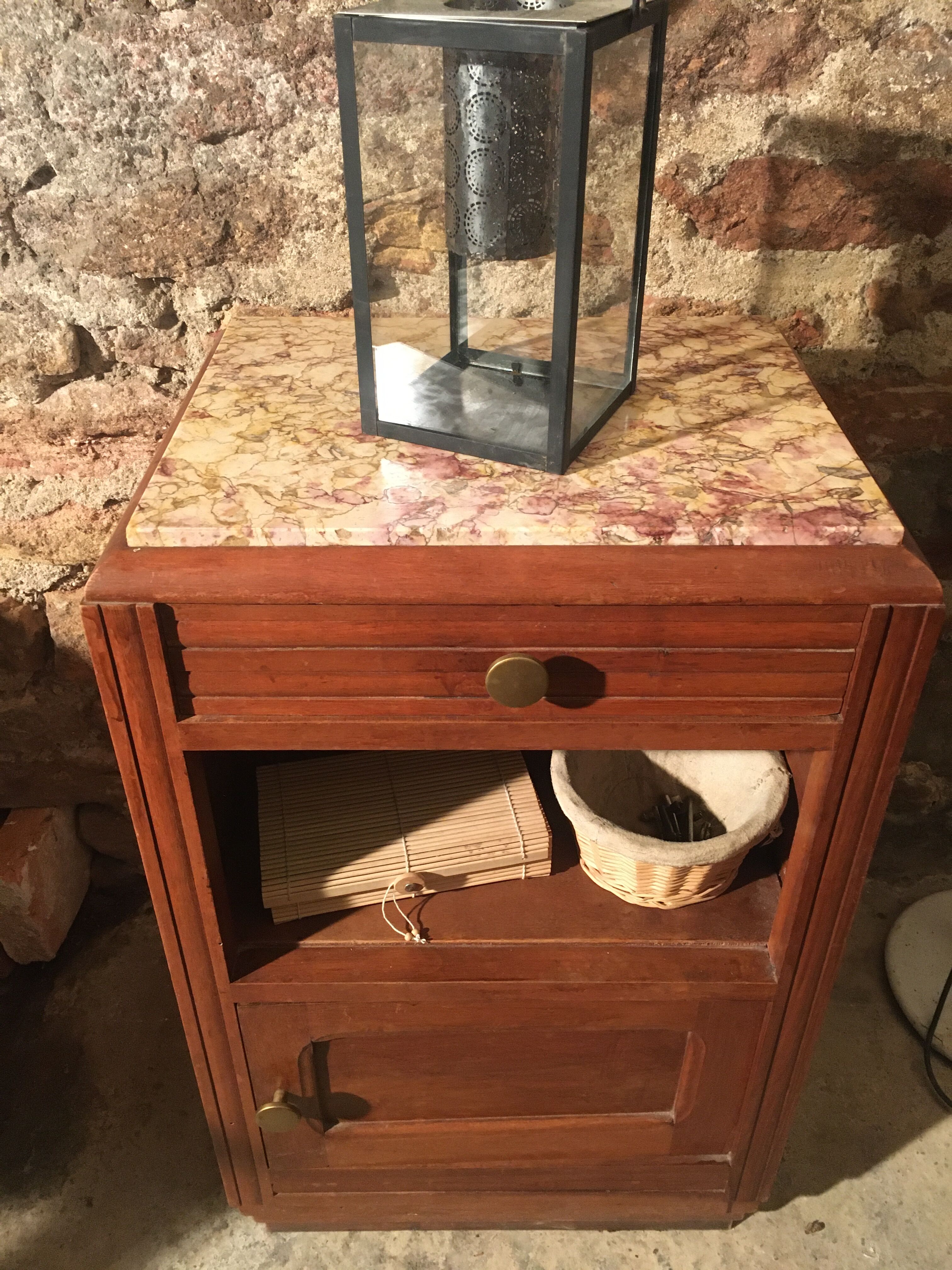 Beech bedside table on marble; 30/40s