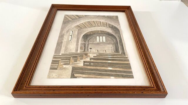 Tableau ancien aquarelle intérieur chapelle sur papier