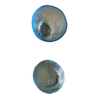 2 bols en verre bleu motif feuille