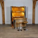 Suede and chrome dry bar with barstools in cognac by Willy Rizzo, Italy 1970s