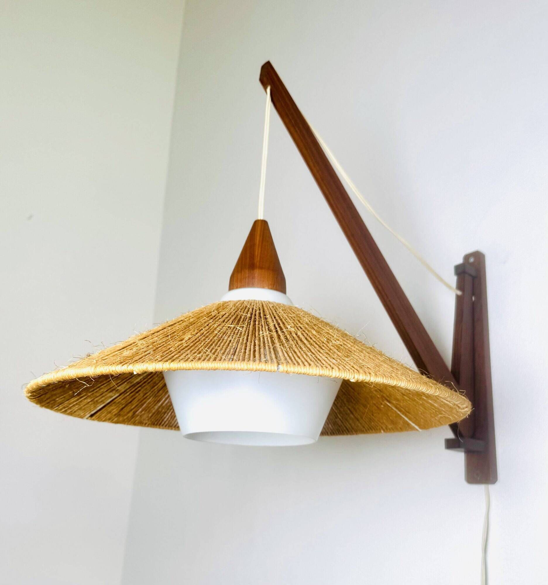 Wood And Sisal Wall Lamp By E.R. Nele For Temde Leuchten, Germany/Switzerland 1960S