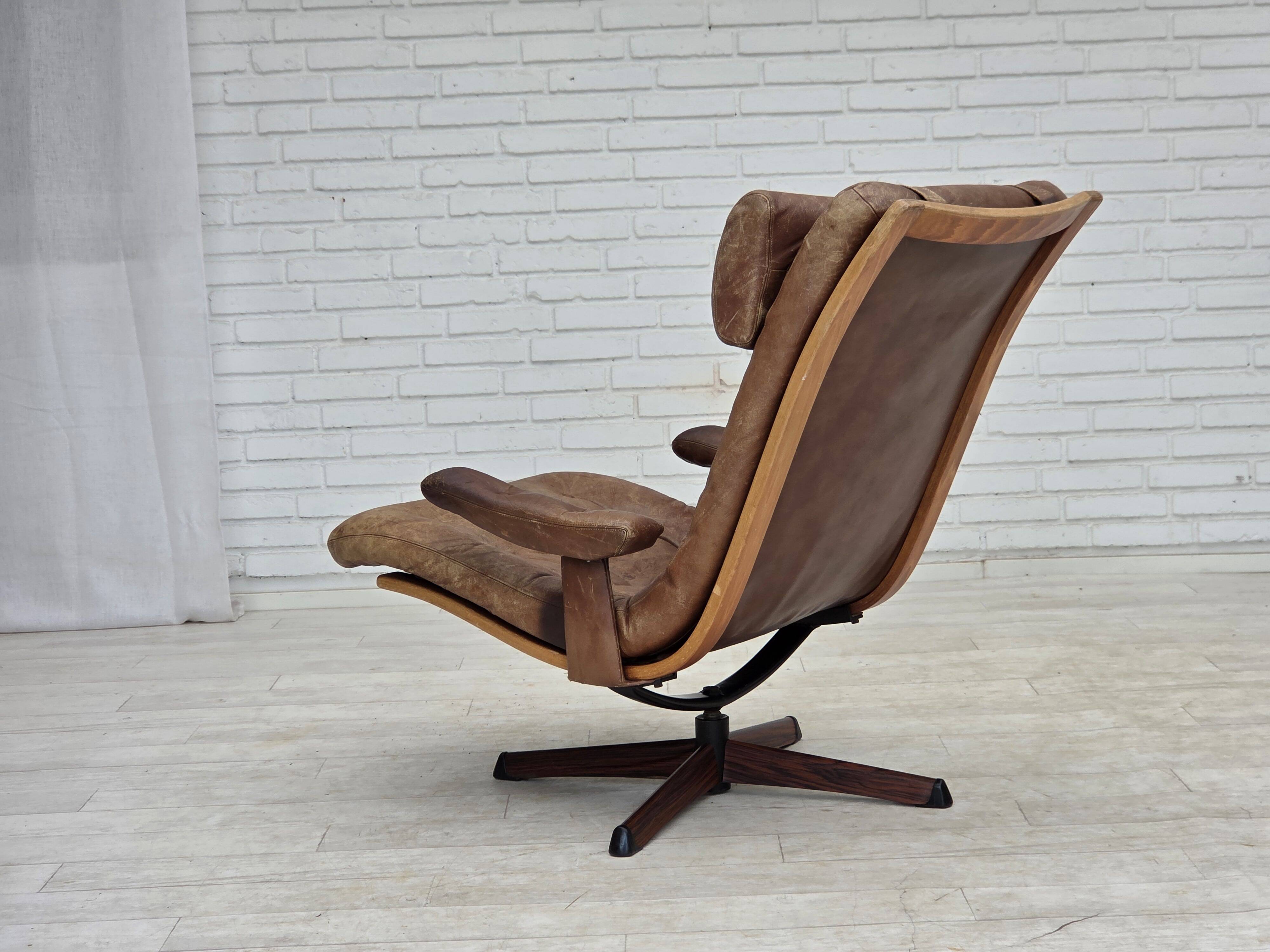 1960s, Scandinavian swivel armchair, brown furniture leather.