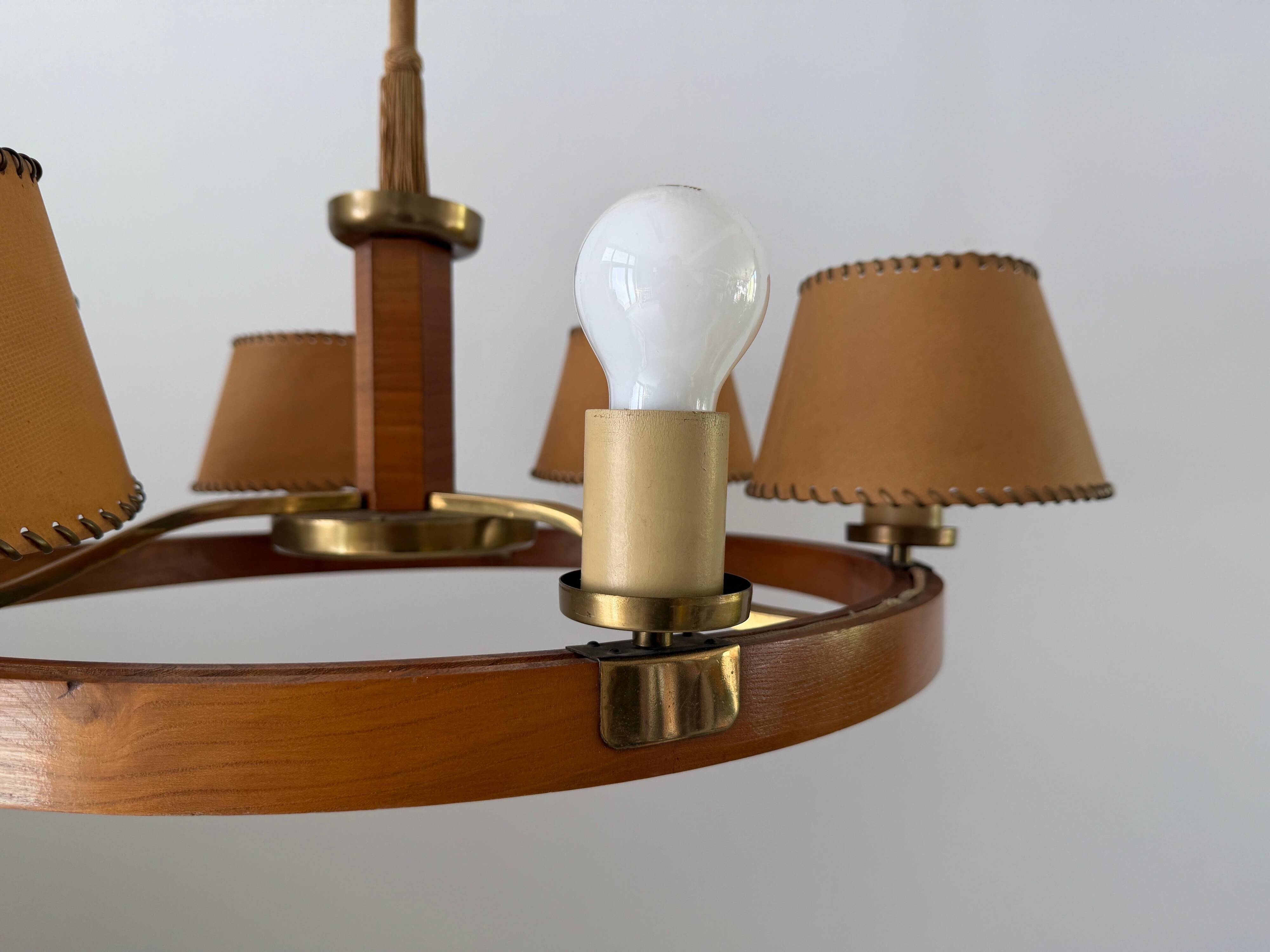 6 wooden paper head chandeliers with brass details, 1960s, Germany