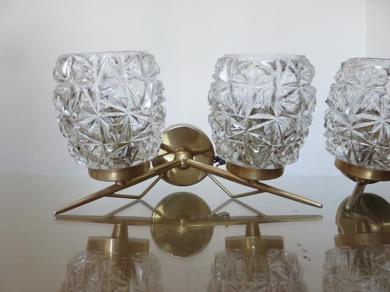 Pair of double appliques "Pierre Disderot" in brass and glass 50 60 years