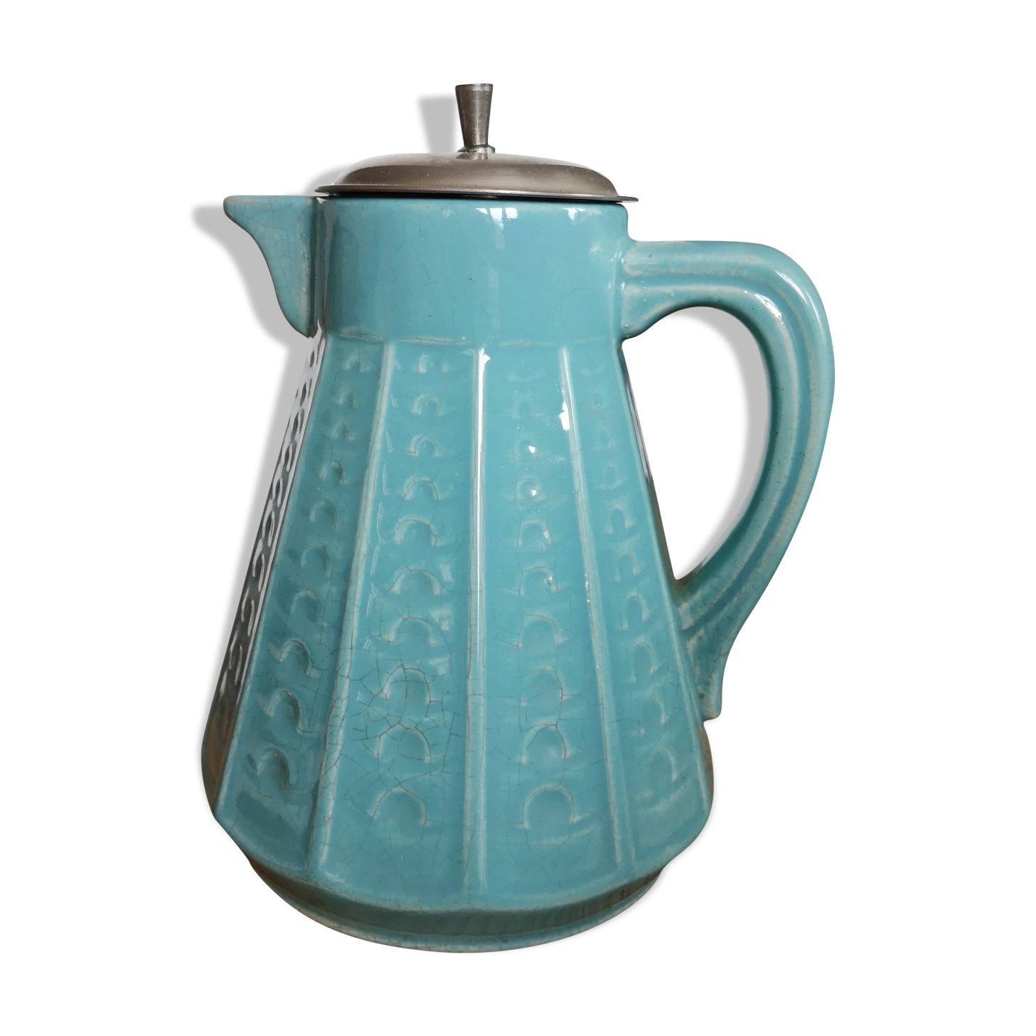 Vintage pitcher in blue ceramic and metal pourer