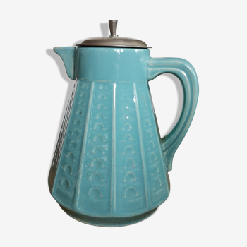 Vintage pitcher in blue ceramic and metal pourer