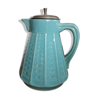 Vintage pitcher in blue ceramic and metal pourer