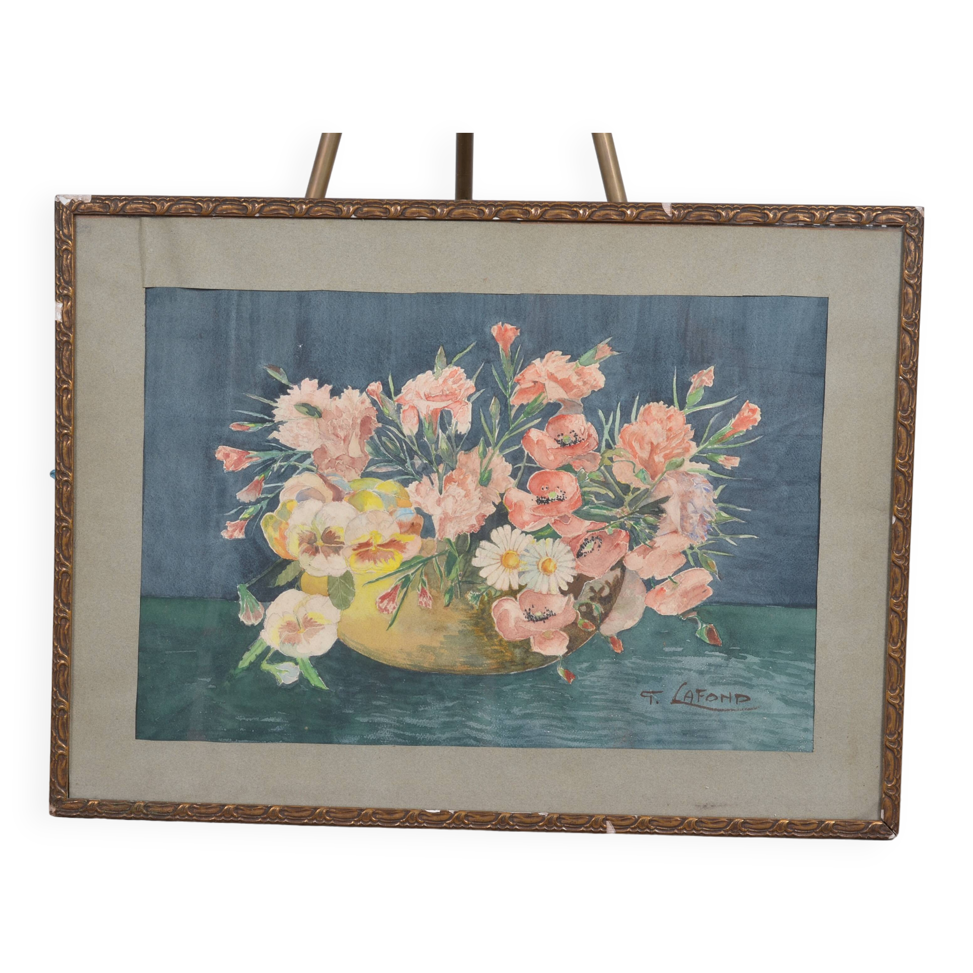 Aquarelle ancienne bouquet de fleurs