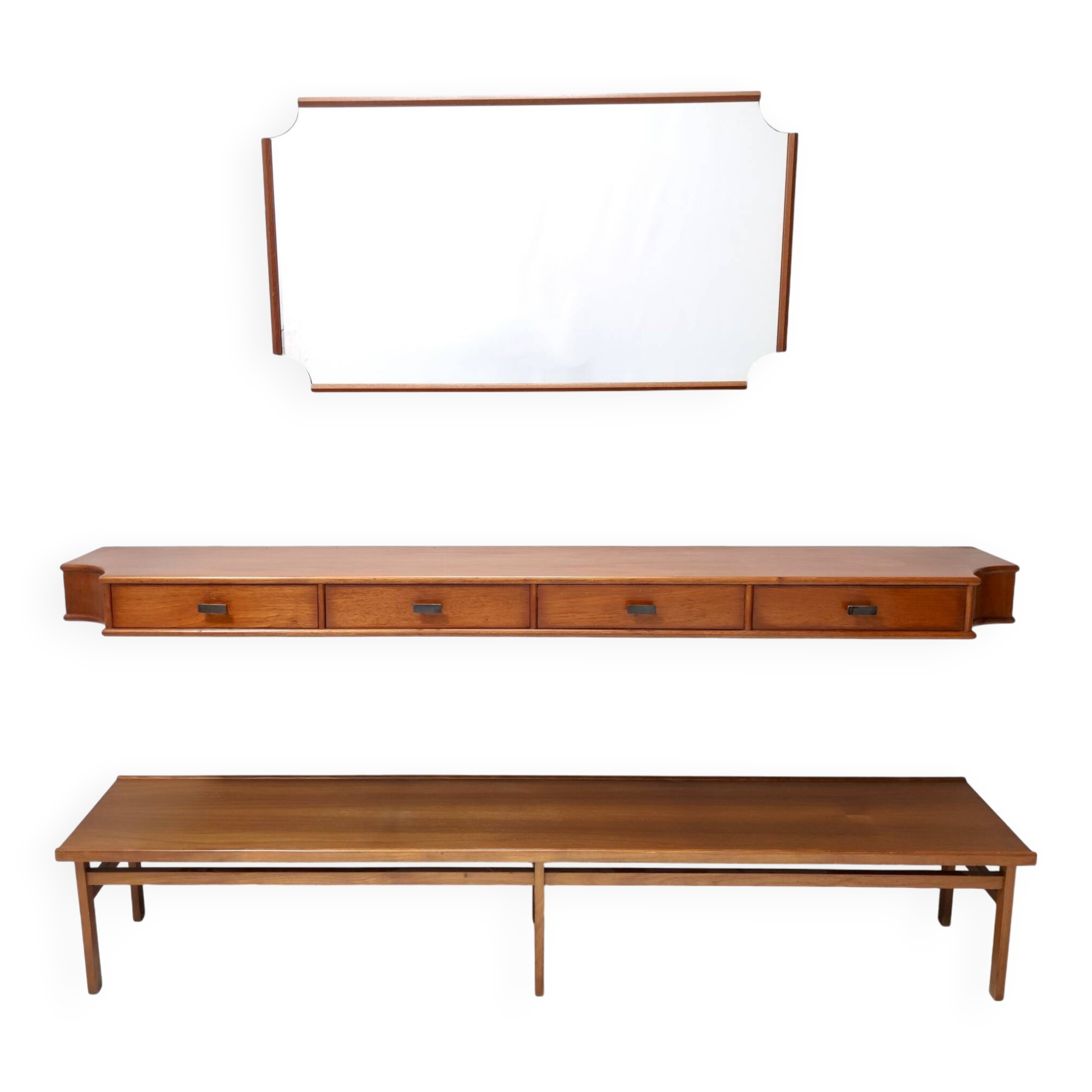Entryway Set of Wall Mirror, Walnut Console and Bench by Brugnoli, Italy