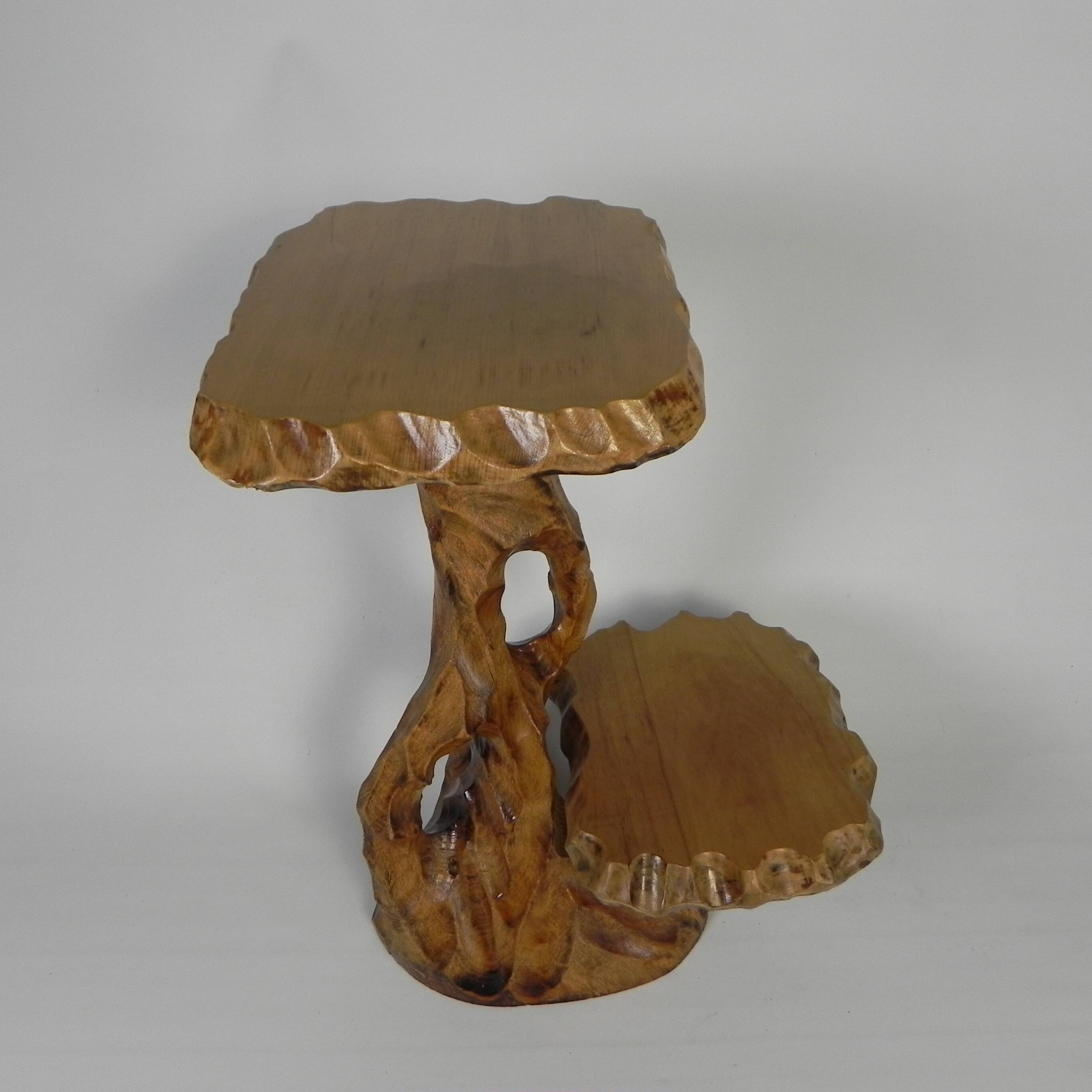 Plant table with 2 shelves, vintage wooden sculpture, USA 1950s