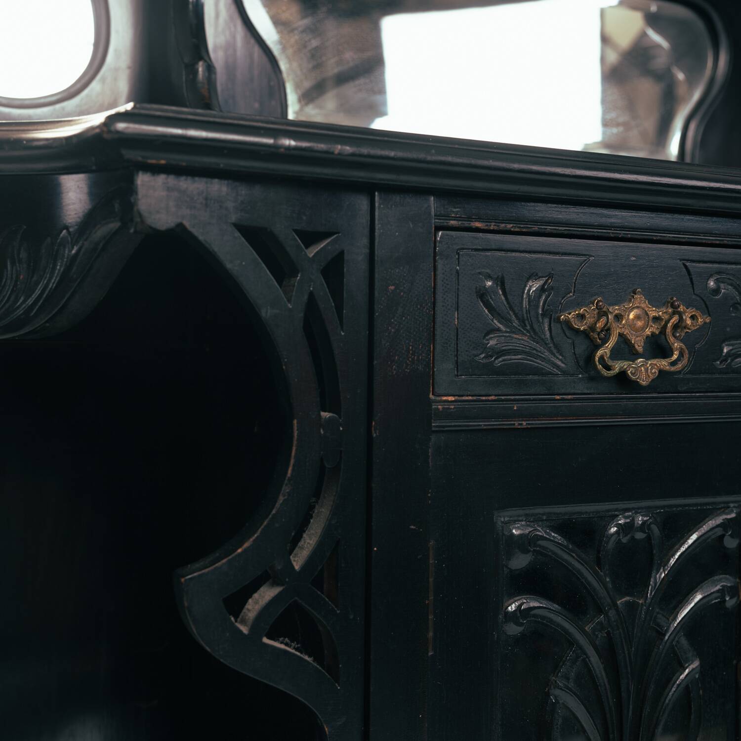 Arts crafts parlour glass display cabinet black ebonised chippendale england