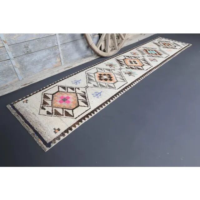 Vintage Turkish Oushak Handmade Wool Cotton White Runner Rug 81x363