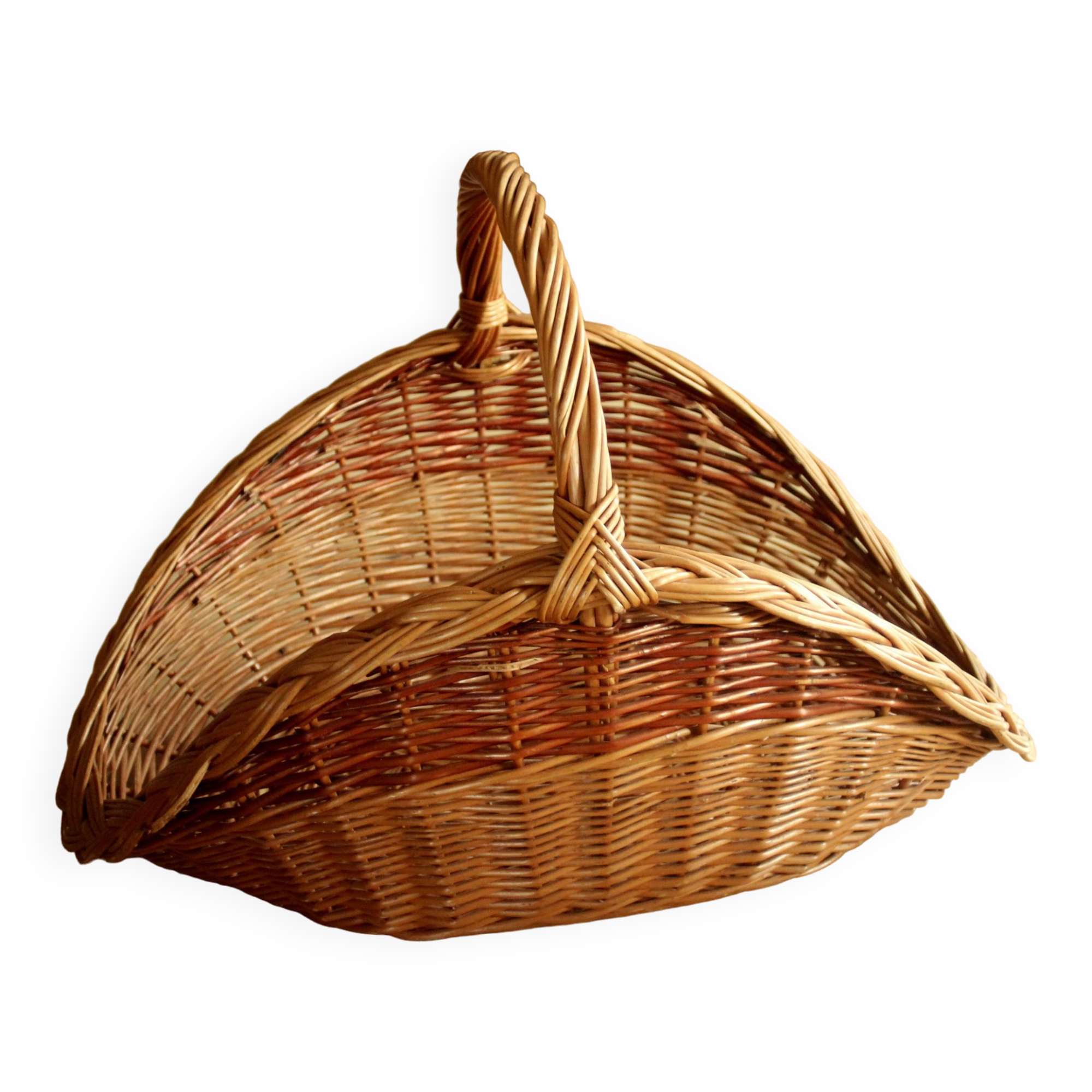 Large handmade solid wicker braided firewood basket, vintage from the 80s