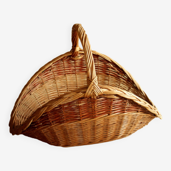 Large handmade solid wicker braided firewood basket, vintage from the 80s