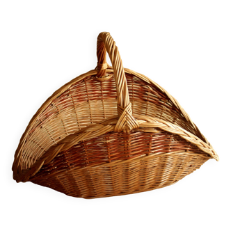 Grand panier à bois de cheminée tressé en osier massif fait main, vintage des années 80