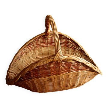 Grand panier à bois de cheminée tressé en osier massif fait main, vintage des années 80