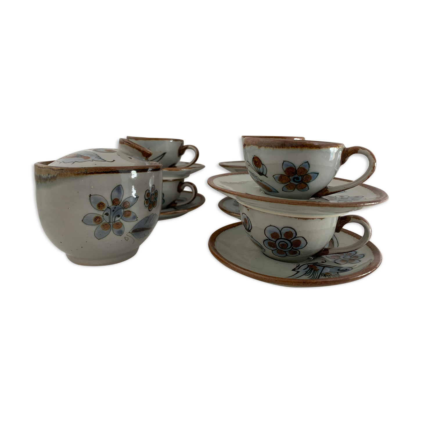6 ceramic cups Ken Edwards, Tonala, Mexico, with sub cups and sugar