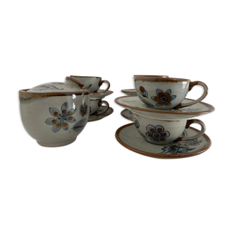 6 ceramic cups Ken Edwards, Tonala, Mexico, with sub cups and sugar