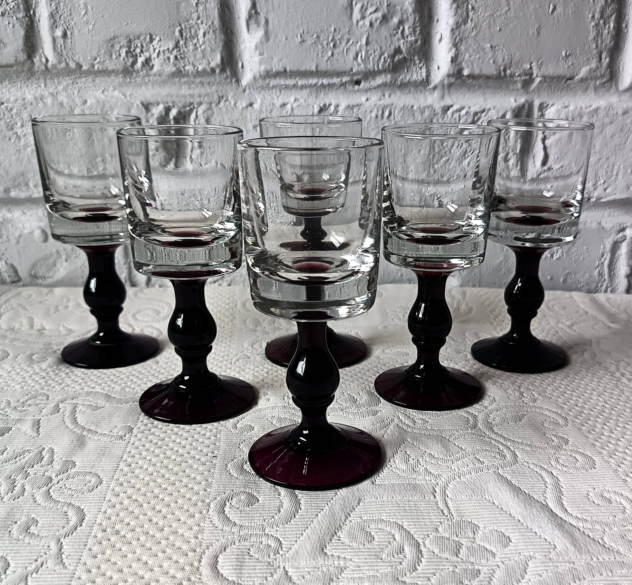 6 antique aperitif glasses, vintage plum-footed glass