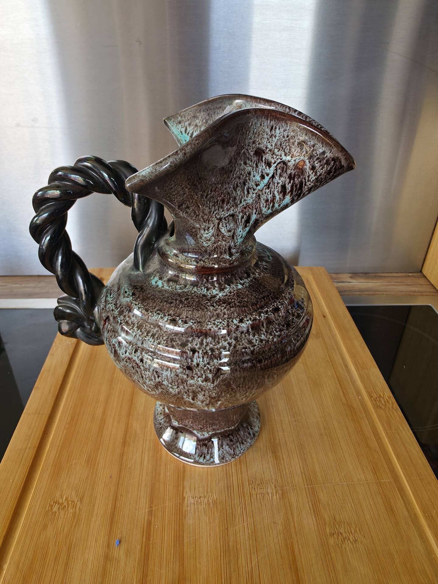 Turquoise and brown speckled pitcher from Vallauris, 1950s.