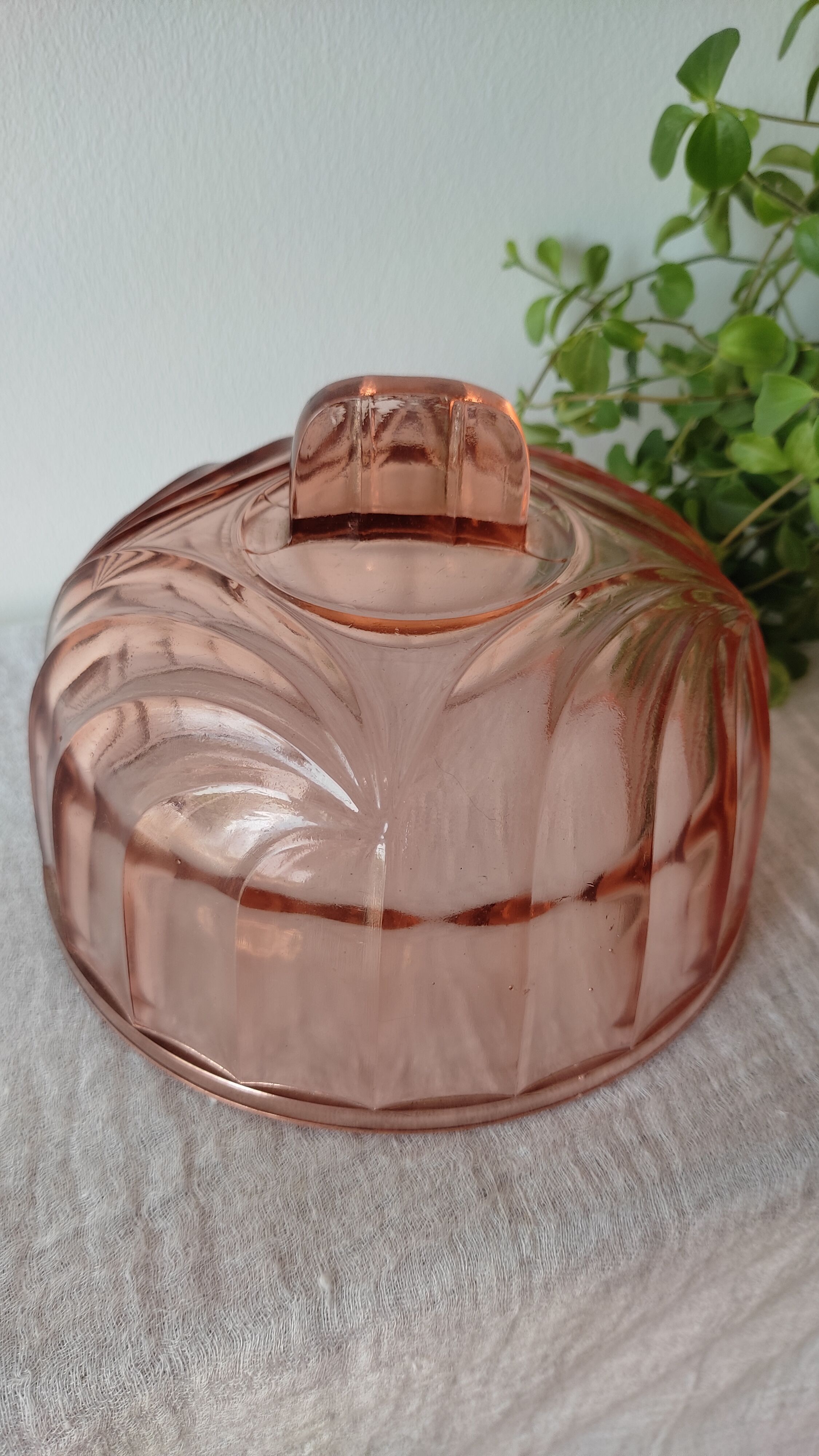 Old cheese or dessert bell and its pink art deco pressed glass tray
