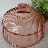 Old cheese or dessert bell and its pink art deco pressed glass tray