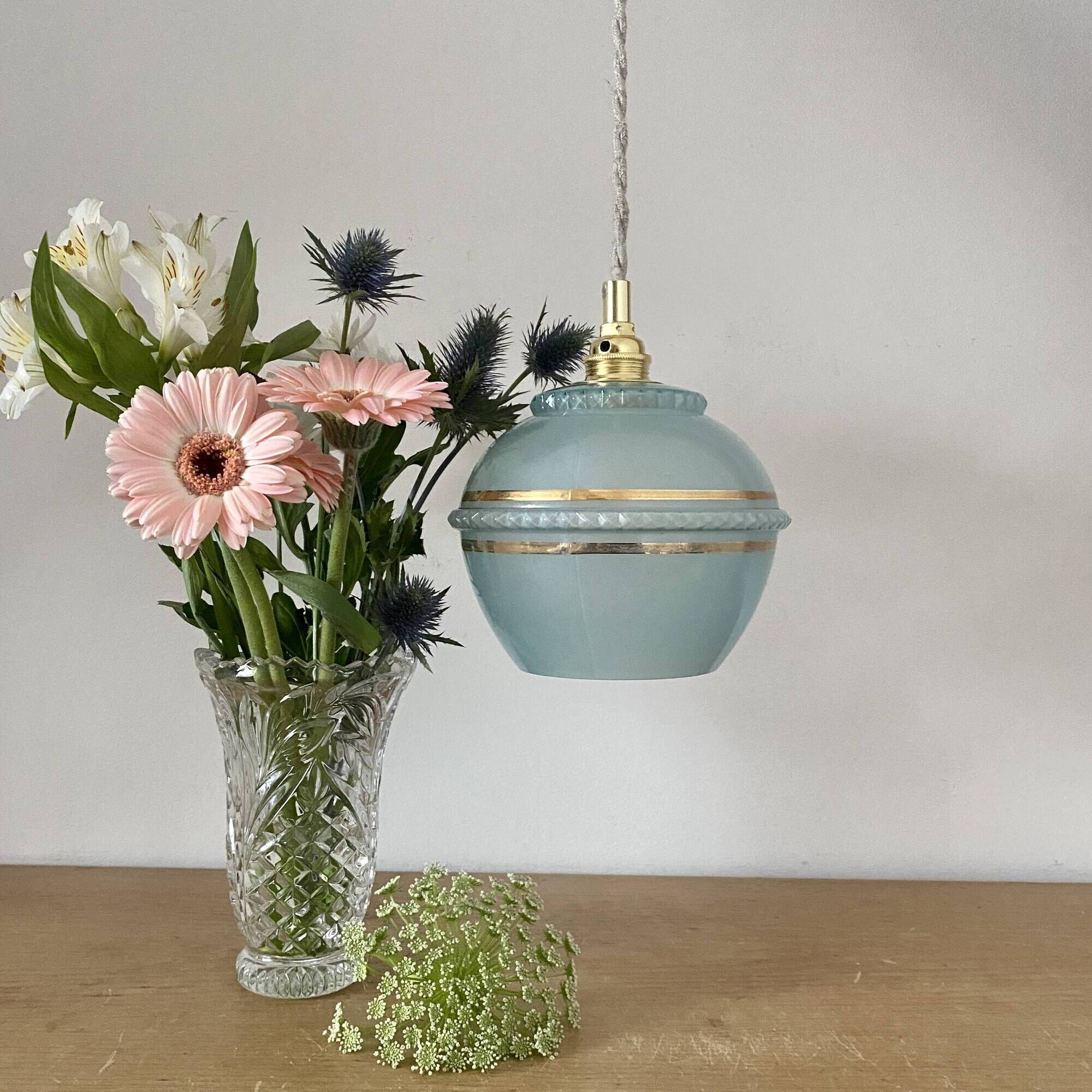Vintage art deco tulip pendant light in blue and gold glass