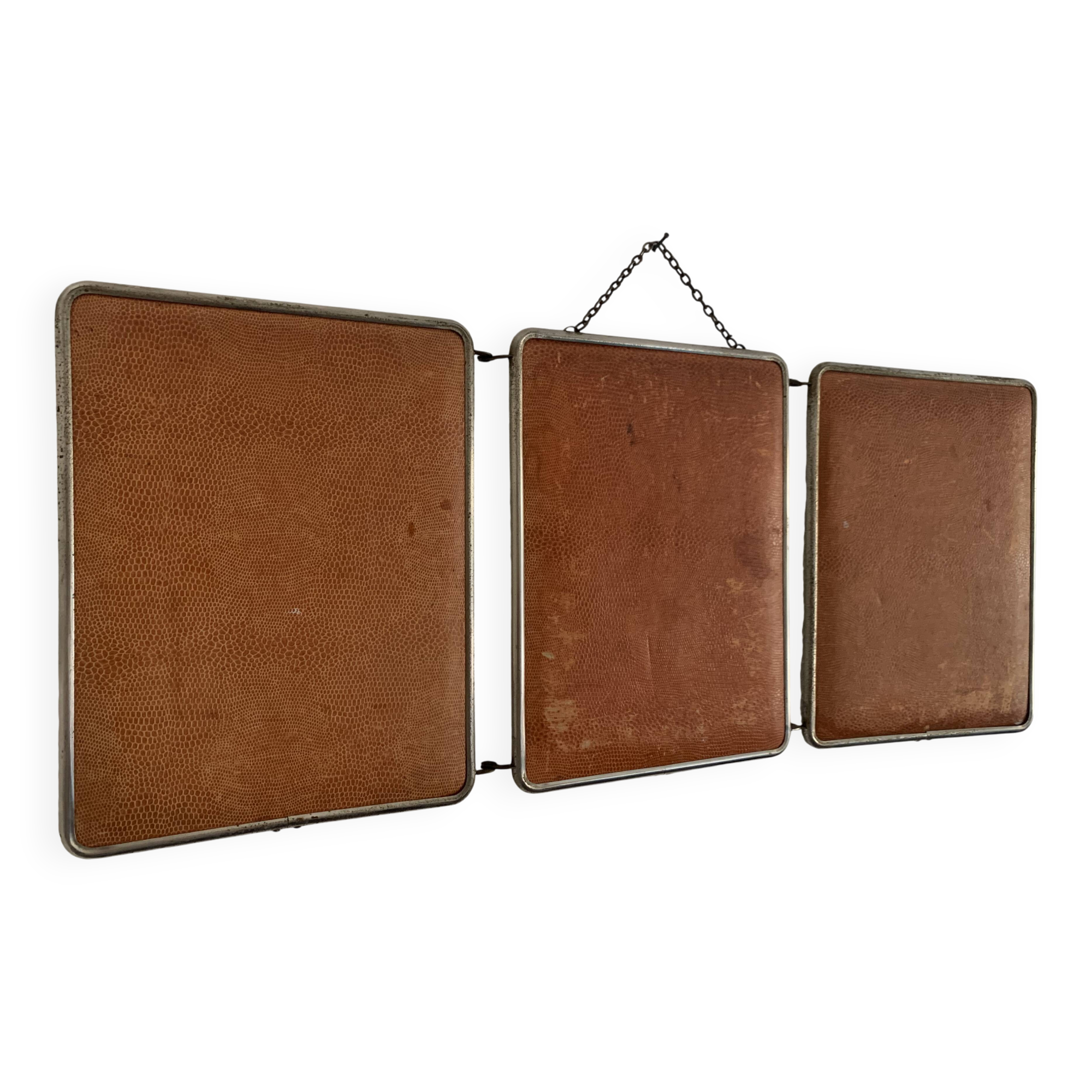 Vintage 1960s triptych barber hairdresser pumpkin mirror - 27 x 68 cm