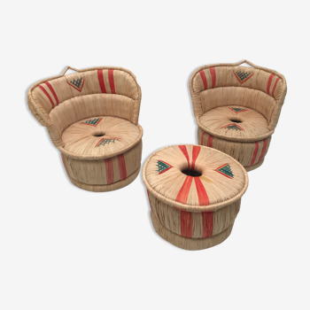 Pair armchair and stool natural fiber vintage child